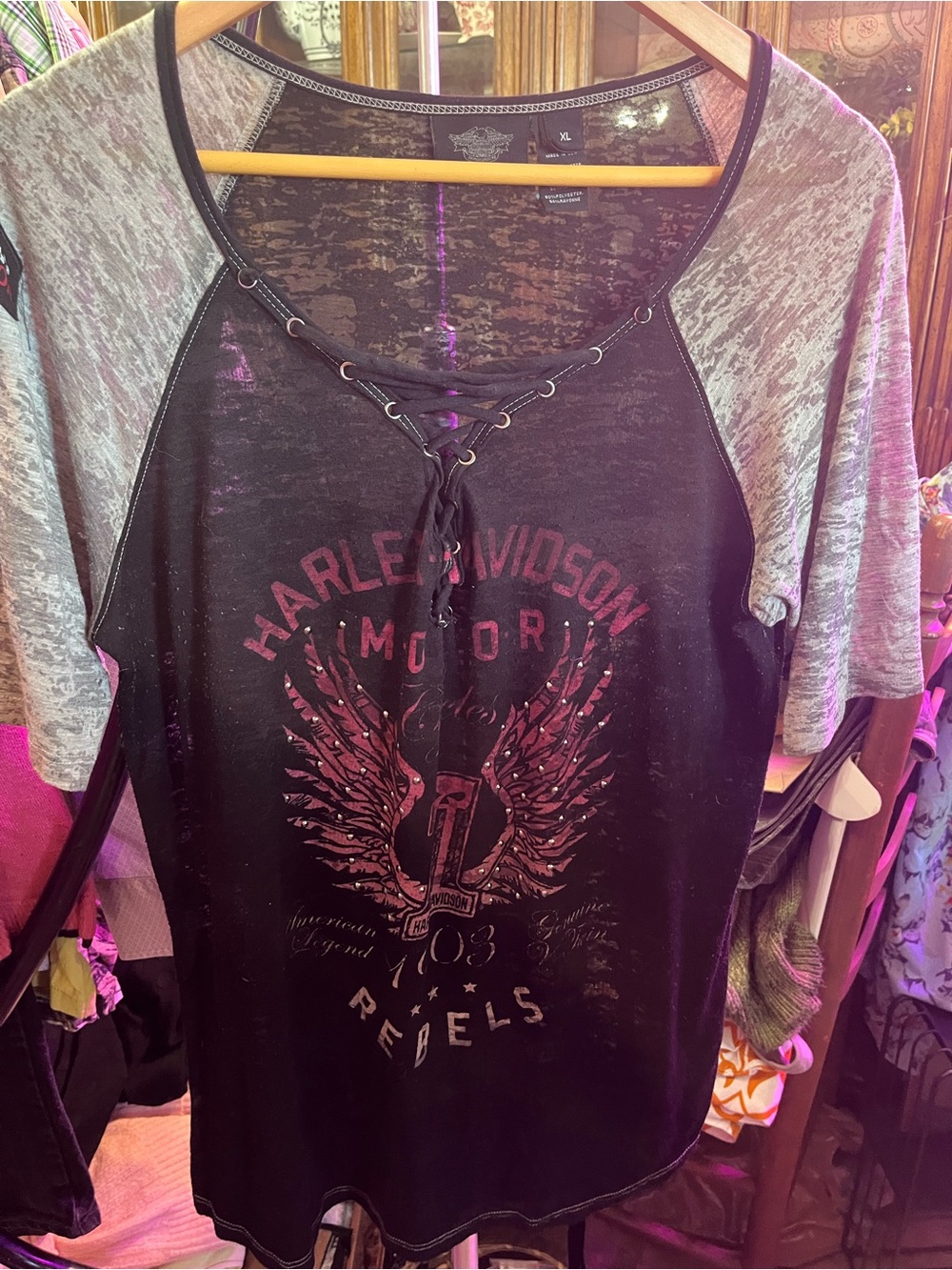 Harley-Davidson Black Tee with Heather Gray Raglan Sleeves and Red Graphic
